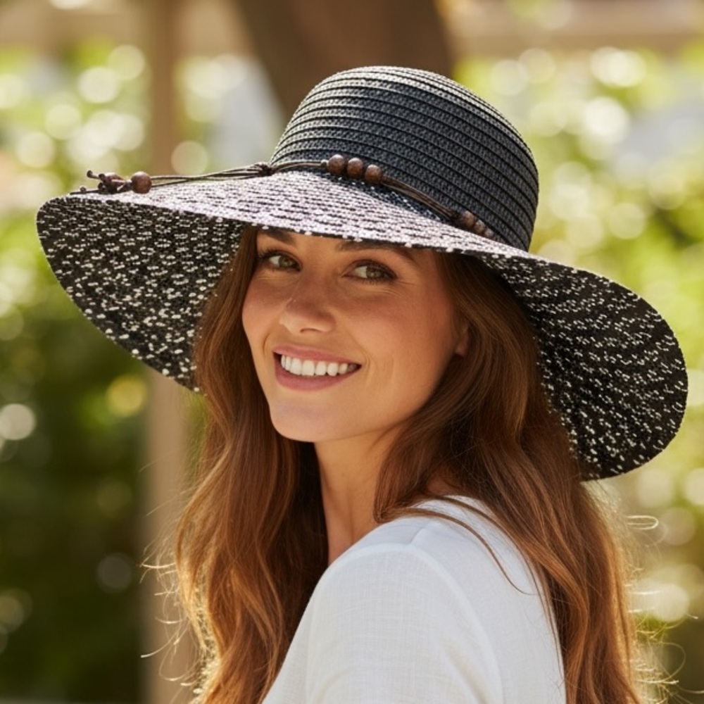 Fashion Hat Wide Brim Woven Sun Hat Beaded String Band NWT Black‎